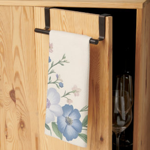 Pastel Paarse, Witte & Blauwe Botanische Bloemprin Theedoek