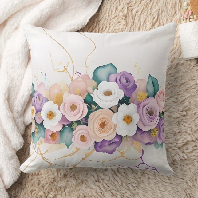 PASTEL PAARSE WITTE ORANJE WATERVERF BLOEMEN KUSSEN (Deken)