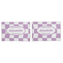 Pastel Paarse Witte Wavy Checker Naam Kussensloop