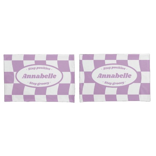 Pastel Paarse Witte Wavy Checker Naam Kussensloop (Voorkant-Set)