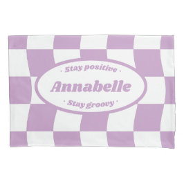 Pastel Paarse Witte Wavy Checker Naam Kussensloop