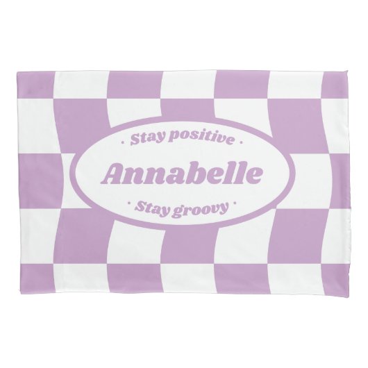 Pastel Paarse Witte Wavy Checker Naam Kussensloop (Voorkant-Links)