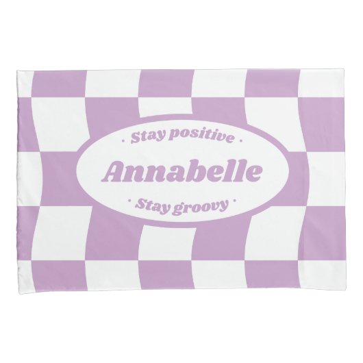 Pastel Paarse Witte Wavy Checker Naam Kussensloop (Voorkant-Rechts)