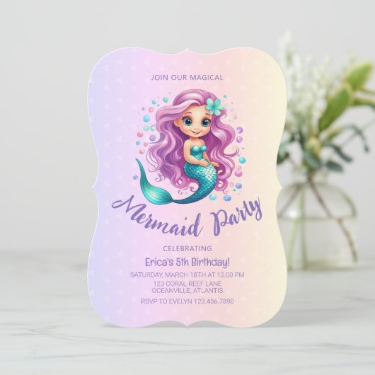 Pastel Paarse Zeemeermin Watercolor Verjaardag Kaart (Staand voorkant)