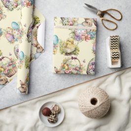 Pastel Paaseieren, Bunny, Chick Bloemen Geel Cadeaupapier