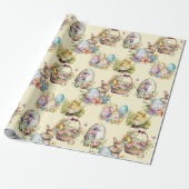 Pastel Paaseieren, Bunny, Chick Bloemen Geel Cadeaupapier (Uitgerold)