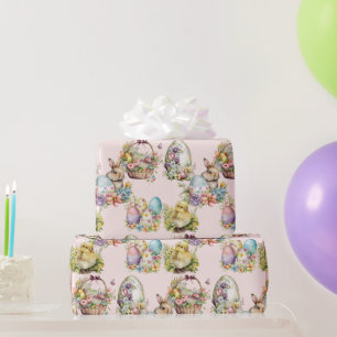 Pastel Paaseieren, Bunny, Chick Bloemen Roze Cadeaupapier
