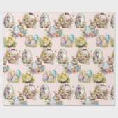 Pastel Paaseieren, Bunny, Chick Bloemen Roze Cadeaupapier (Vlak)
