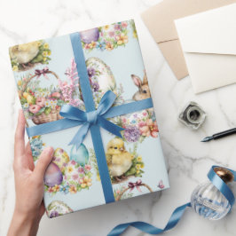 Pastel Paaseieren, Bunny, Chick Bloemenblauw Cadeaupapier