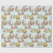 Pastel Paaseieren, Bunny, Chick Bloemenblauw Cadeaupapier (Vlak)