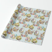 Pastel Paaseieren, Bunny, Chick Bloemenblauw Cadeaupapier (Uitgerold)