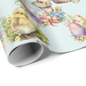 Pastel Paaseieren, Bunny, Chick Bloemenblauw Cadeaupapier (Rol Hoek)