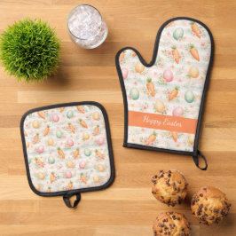 Pastel Paaseieren & Wortels Aquarelpatroon Ovenwant & Pannenlap Set