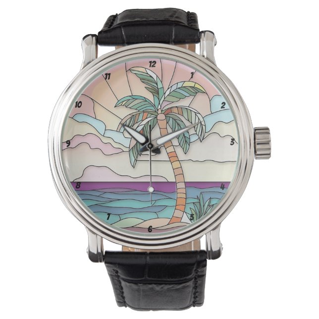Pastel Palm Stained Glass Horloge (Voorkant)