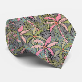 Pastel Palms Pink, Groen en Grijs Stropdas