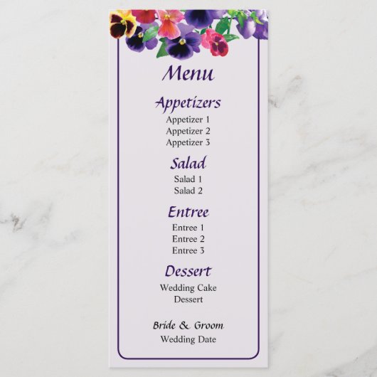 Pastel Pansies Weddenschap Menu (Voorkant)