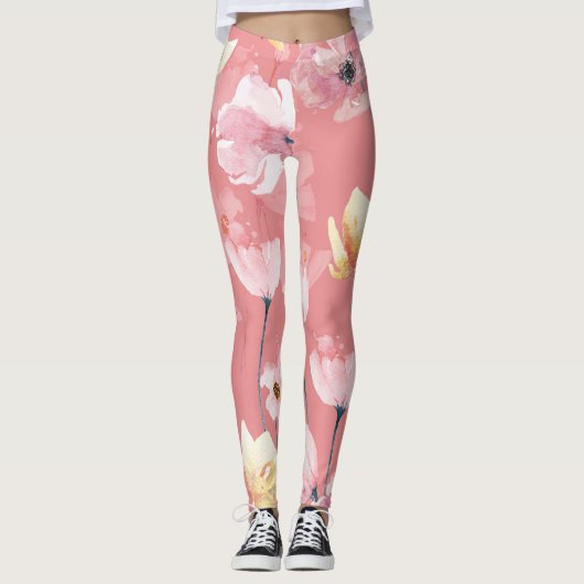 Pastel papavers: Waterverf bloemig naadloos. Leggings (Voorkant)