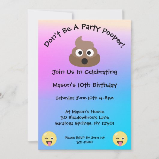 Pastel Party Pooper Emoji Verjaardag Uitnodigen Kaart (Voorkant)