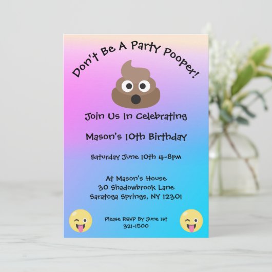 Pastel Party Pooper Emoji Verjaardag Uitnodigen Kaart (Staand voorkant)