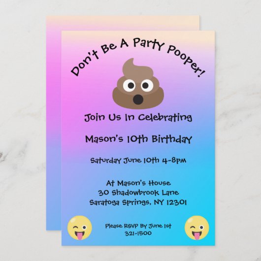 Pastel Party Pooper Emoji Verjaardag Uitnodigen Kaart (Voorkant / Achterkant)