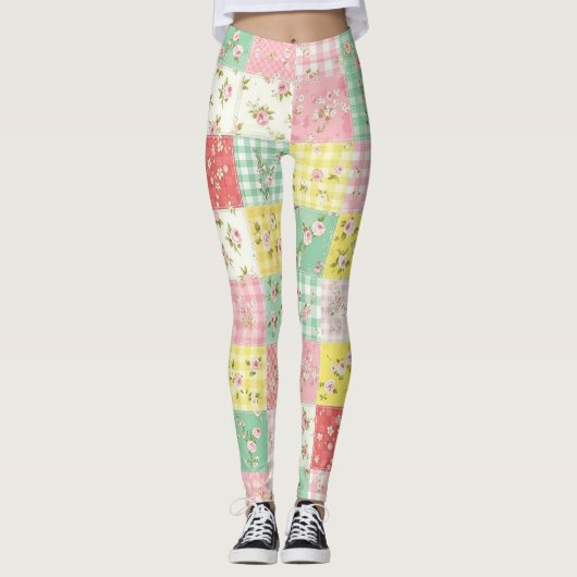 Pastel Patchwork Bloem Gingham Vintage Cottage Leggings (Voorkant)