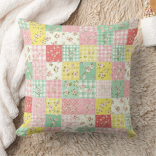 Pastel Patchwork Bloemengingham Vintage Cottage Kussen