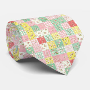 Pastel Patchwork Bloemengingham Vintage Cottage Stropdas