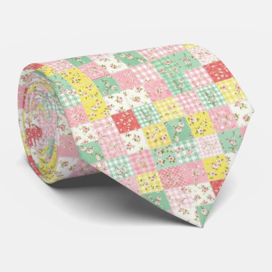 Pastel Patchwork Bloemengingham Vintage Cottage Stropdas (Opgerold)
