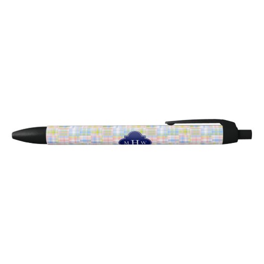 Pastel Patchwork Madras Navy Quatrefoil Monogram Blauwe Inkt Pen (Bovenkant)
