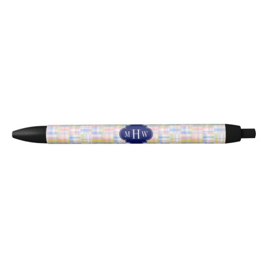 Pastel Patchwork Madras Navy Vierbladig Monogram Blauwe Inkt Pen (Voorkant)