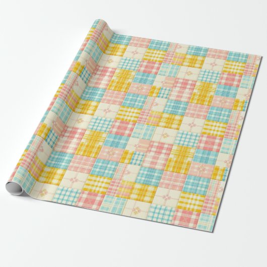 Pastel Patchwork Plaid Spring Wrapping Paper Cadeaupapier (Uitgerold)