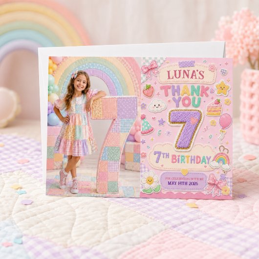 Pastel Patchwork Regenboog 7e Verjaardagsfeestje M Bedankkaart