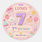 Pastel Patchwork Regenboog 7e Verjaardagsfeestje M Ronde Sticker (Voorkant)