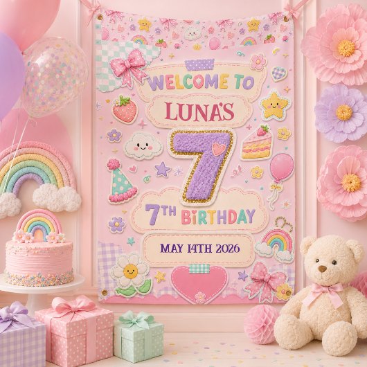 Pastel Patchwork Regenboog 7e Verjaardagsfeestje M Spandoek