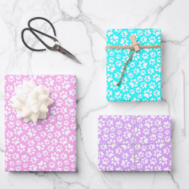 Pastel Paw Prints Roze Blauw en Paarse Pet Lovers Inpakpapier Vel