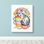Pastel Paws & Rainbow Sips Canvas Afdruk (Insitu (Houten vloer))
