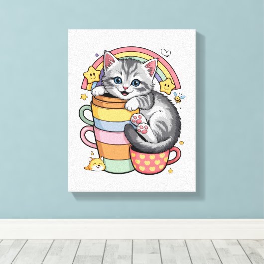 Pastel Paws & Rainbow Sips Canvas Afdruk (Insitu (Houten vloer))