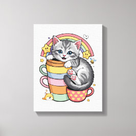 Pastel Paws & Rainbow Sips Canvas Afdruk