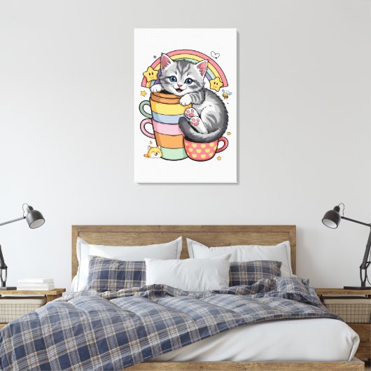 Pastel Paws & Rainbow Sips Canvas Afdruk (Insitu (Slaapkamer))