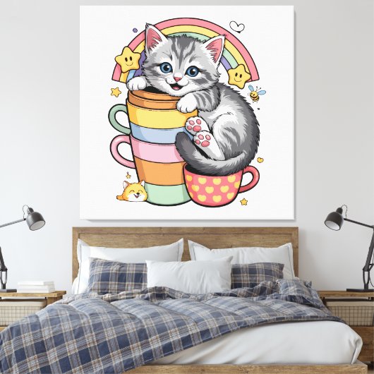 Pastel Paws & Rainbow Sips Canvas Afdruk (Insitu (Slaapkamer))