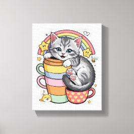 Pastel Paws & Rainbow Sips Canvas Afdruk