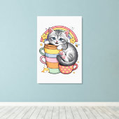 Pastel Paws & Rainbow Sips Canvas Afdruk (Insitu (Houten vloer))