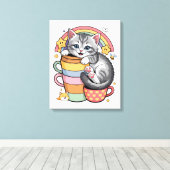 Pastel Paws & Regenboog Slokjes Canvas Afdruk (Insitu (Houten vloer))