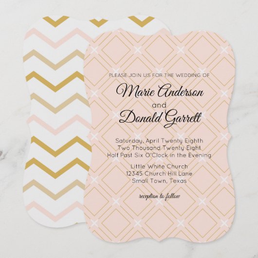 Pastel Peach and Gold Geometric Weddenation Kaart (Voorkant / Achterkant)