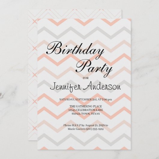 Pastel Peach and Grey Zig Zag Invitation (Voorkant / Achterkant)