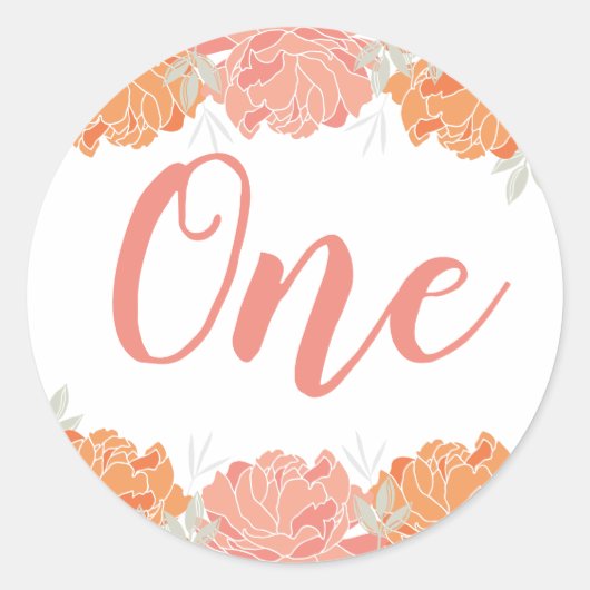 Pastel Peach and Oranje Floral Baby's 1e verjaarda Ronde Sticker (Voorkant)