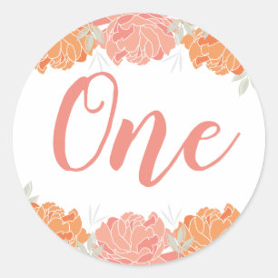 Pastel Peach and Oranje Floral Baby's 1e verjaarda Ronde Sticker