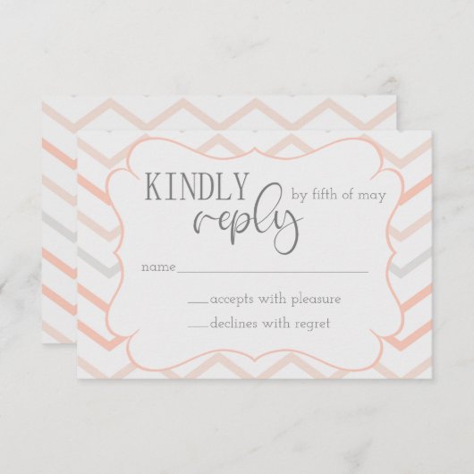 Pastel Peach en Grey Zig Zag RSVP Informatiekaartje (Voorkant / Achterkant)