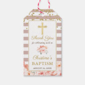 Pastel Peach Floral Gold Cross Girl Baptisme Cadeaulabel (Voorkant)