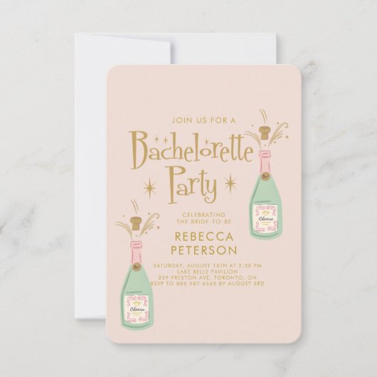 Pastel Peach Gouden Champagne Bachelorette Party Kaart (Voorkant)